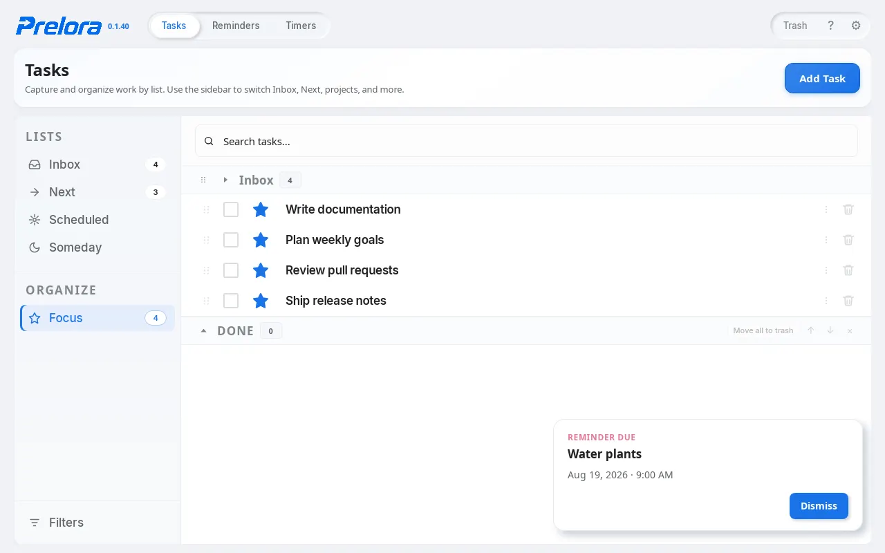 GTD task lists with Inbox, Next, and Focus