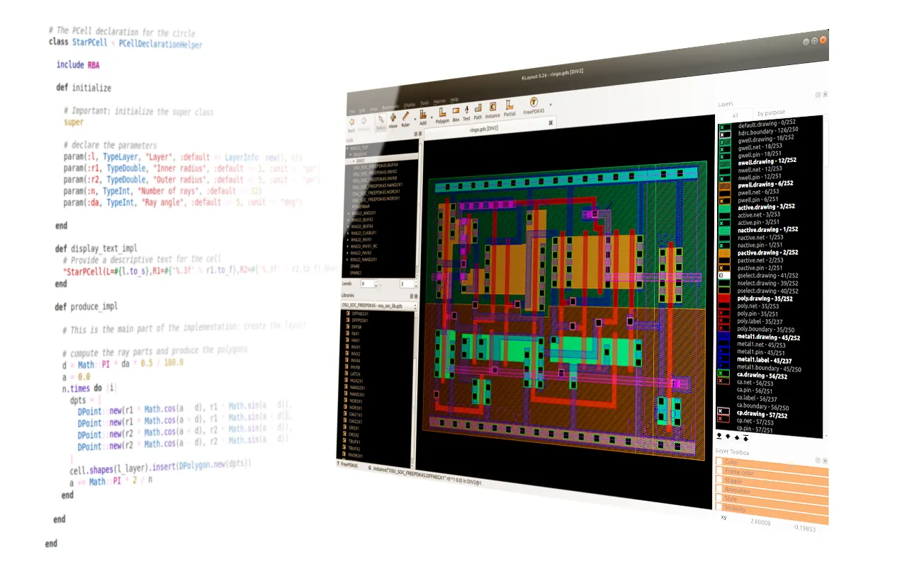 The main KLayout user interface showing the visualization of a multilayered GDS file