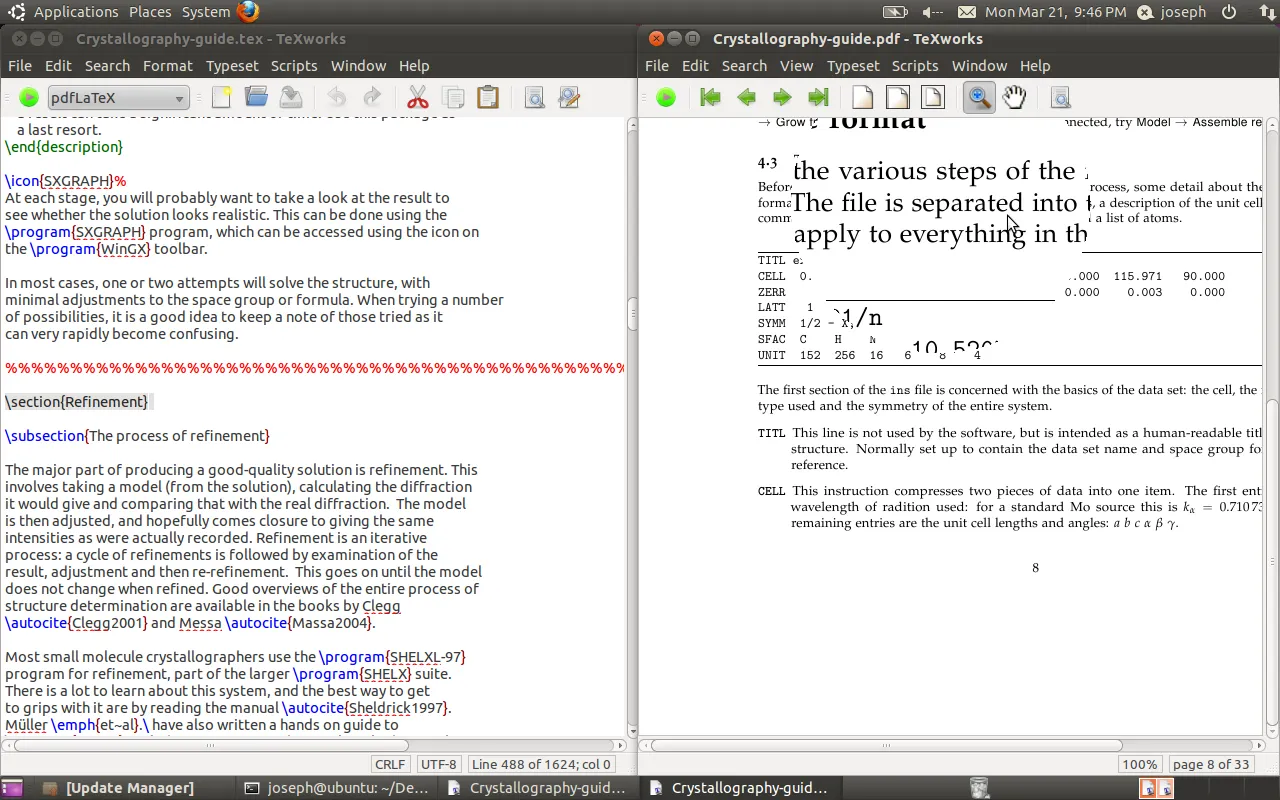 The TeXworks source and preview windows