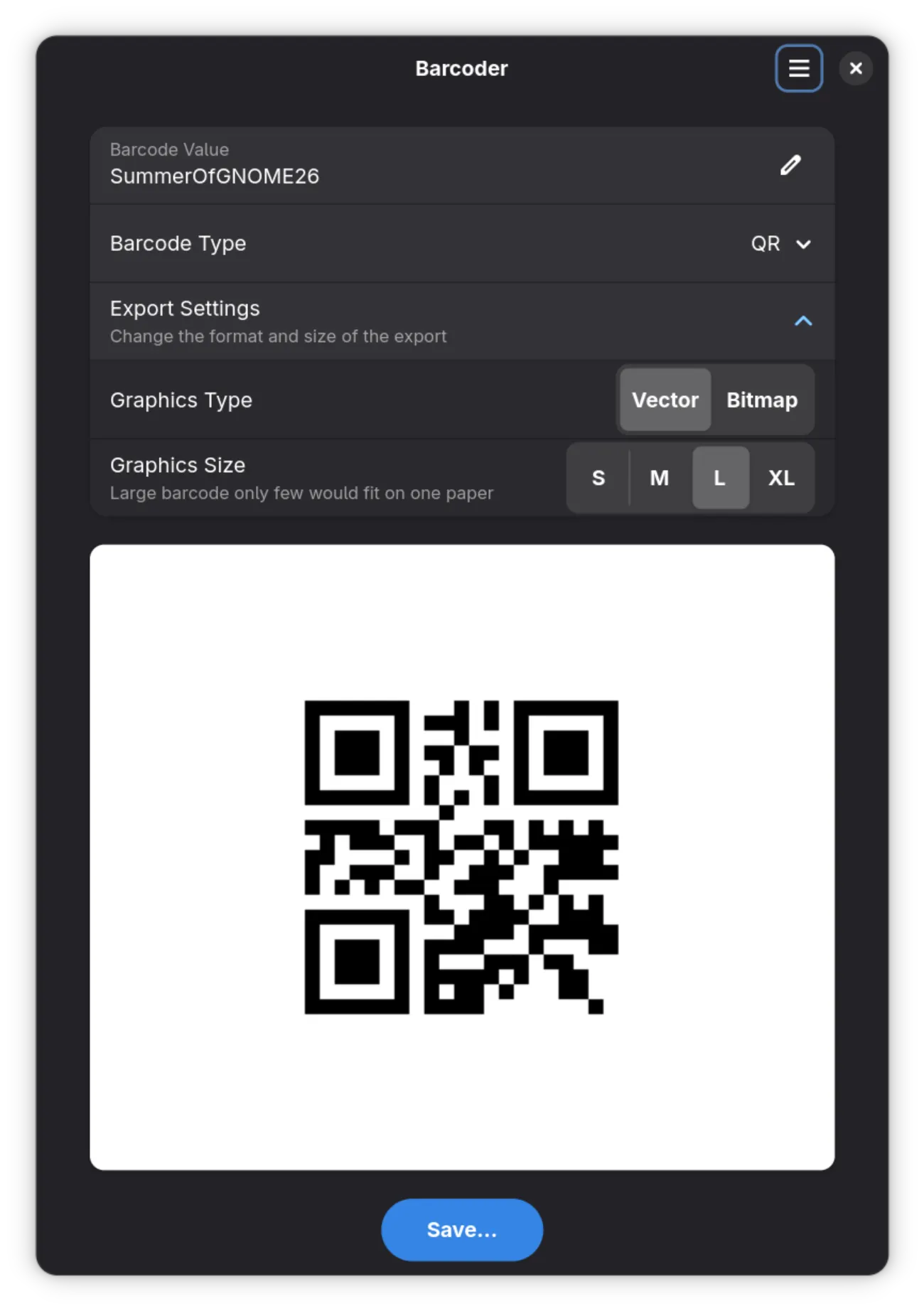 App window showing a generated QR Code using dark theme
