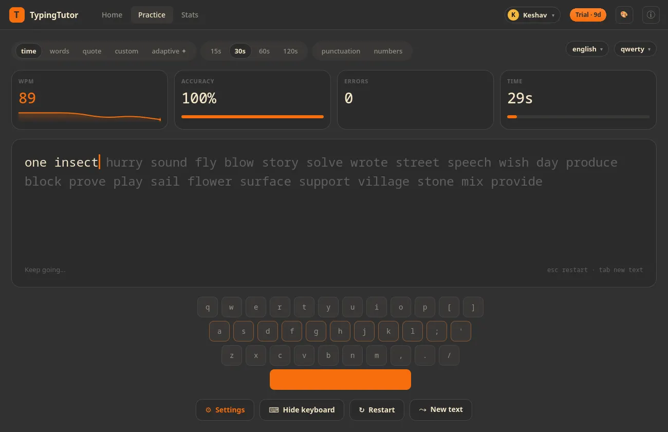 A timed test in progress with live speed and accuracy