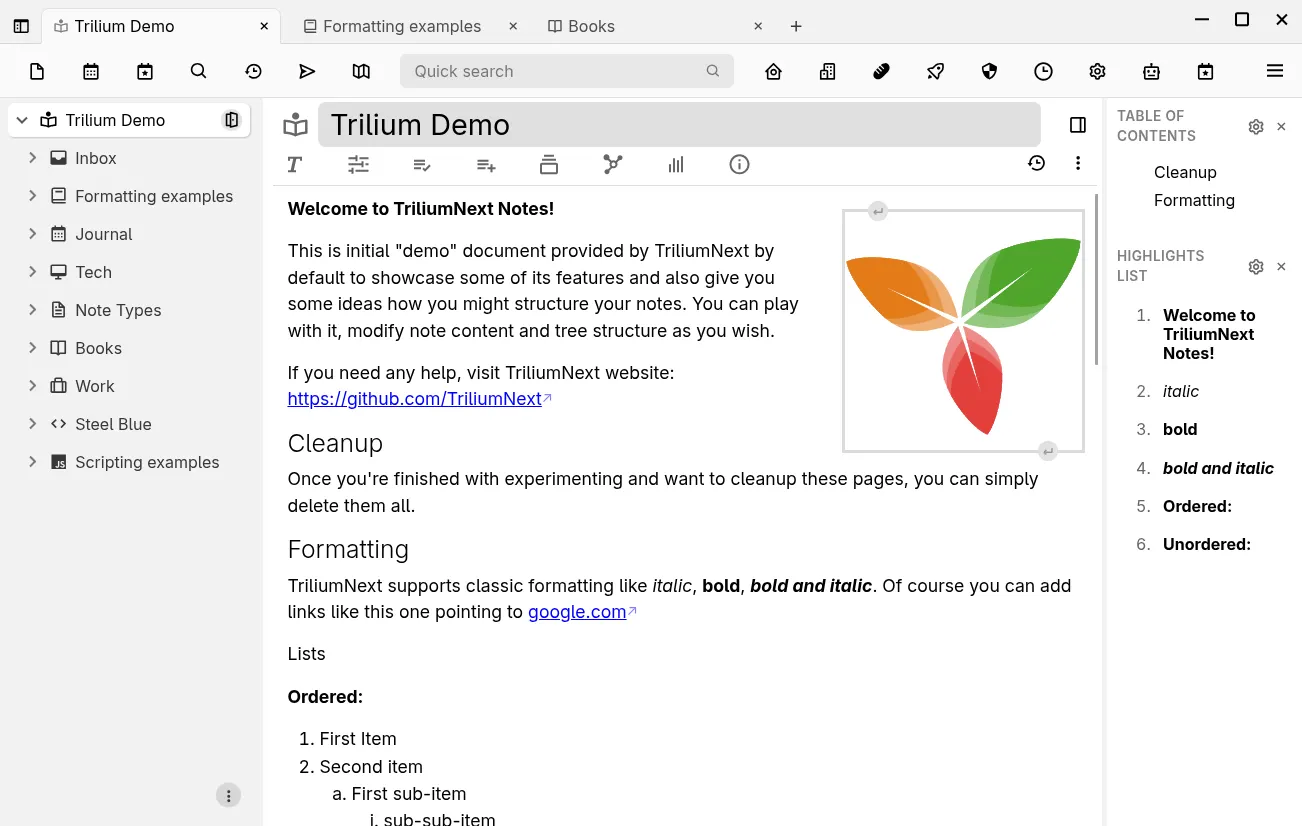Rich-text editing with the note tree and table of contents