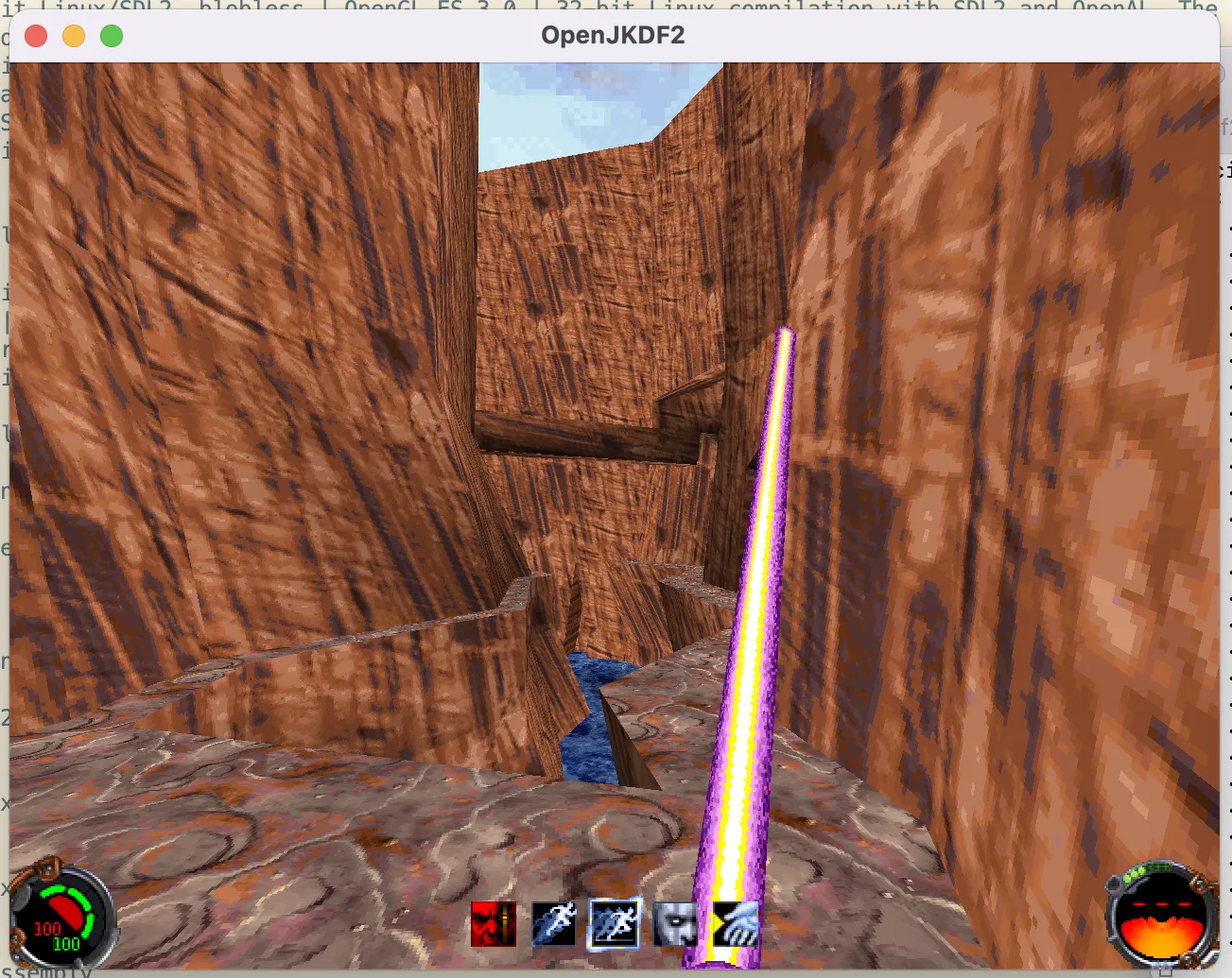 A screenshot of the game running in OpenJKDF2