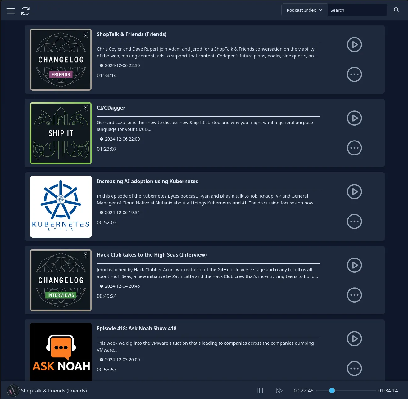 Main interface of Pinepods