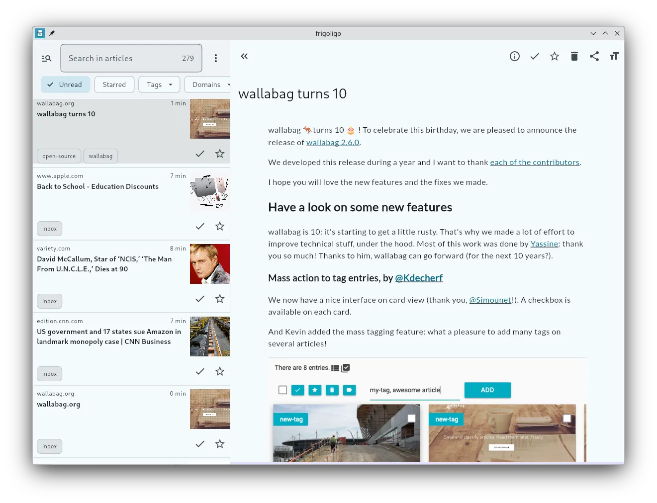 Main screen showing a listing of the saved articles.