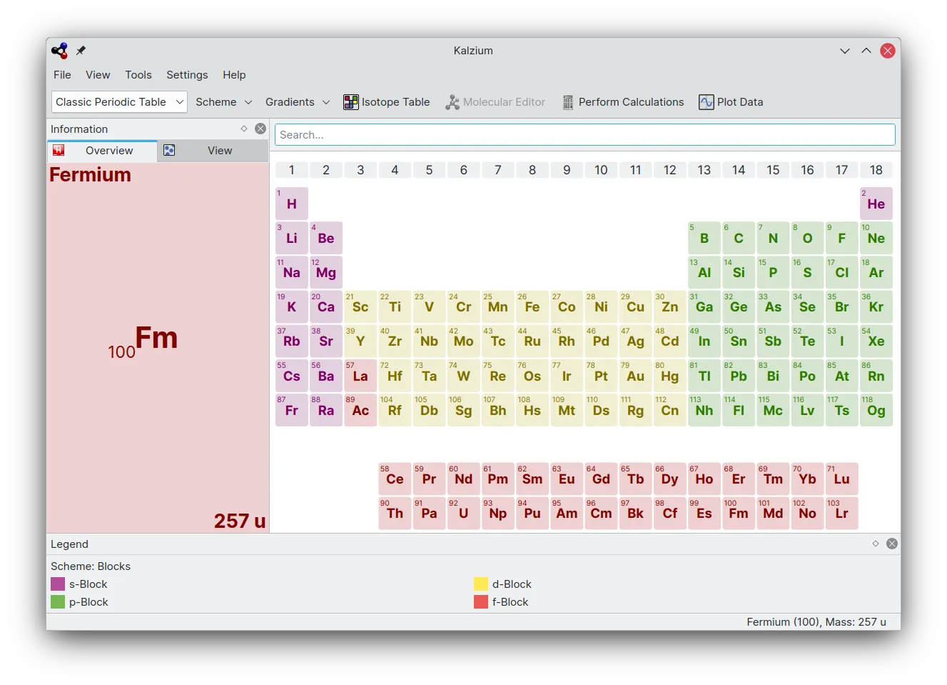 Periodic table of elements view in Kalzium