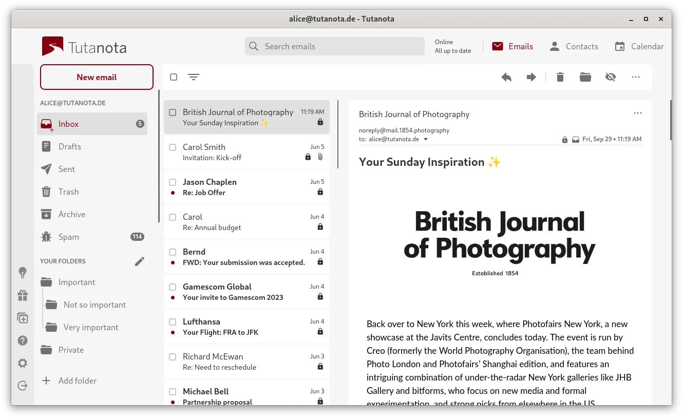 Screenshot of the mailbox