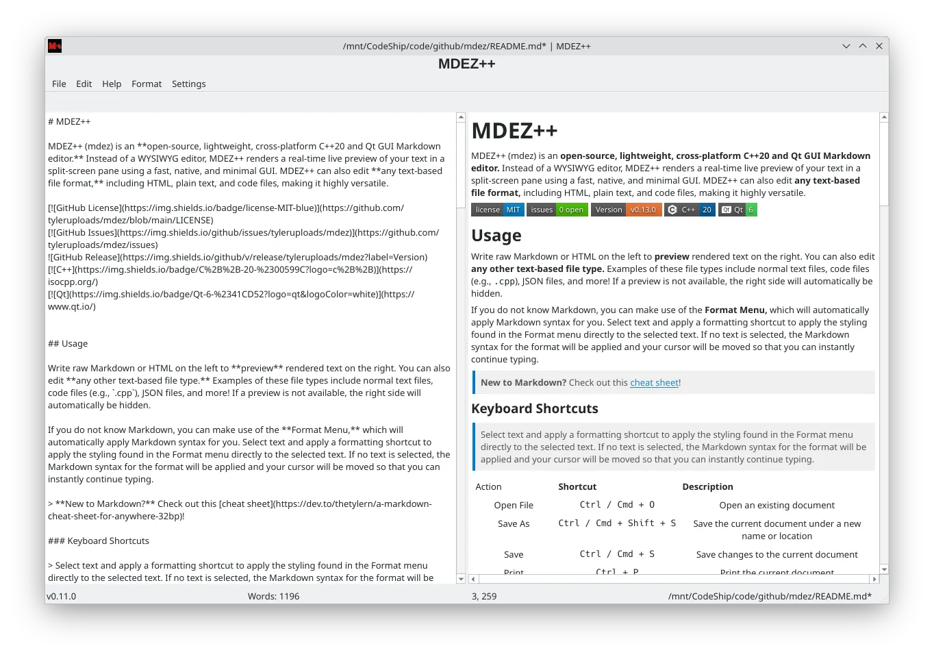 MDEZ++ Editing a README Document