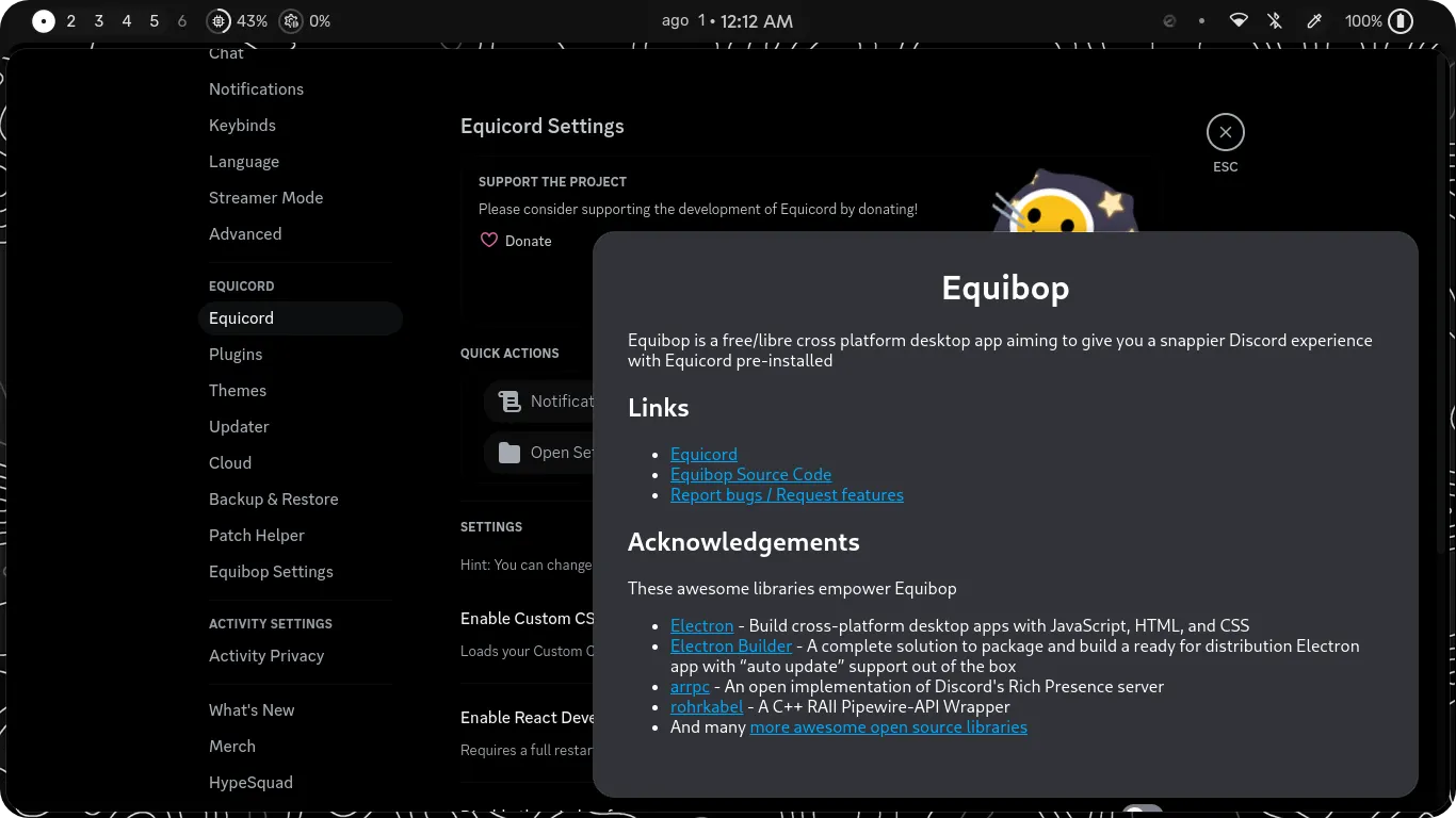 Equicord settings page and about window open