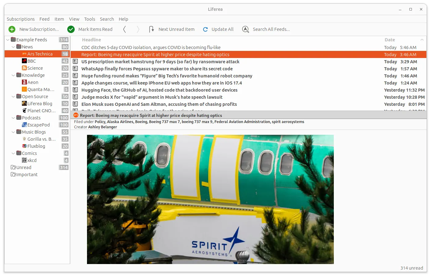 Read feeds in an email like interface