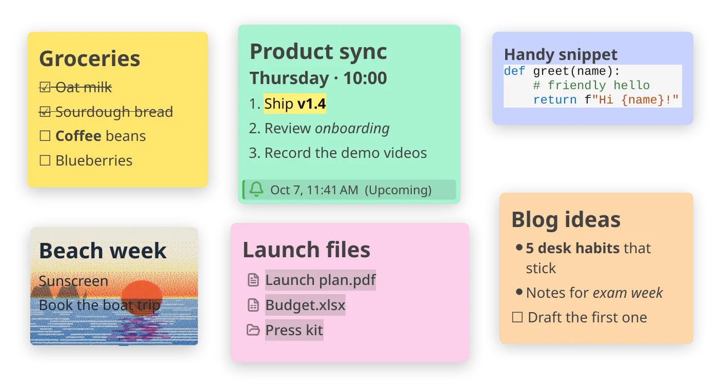 Notes for lists, reminders, code and files on your desktop