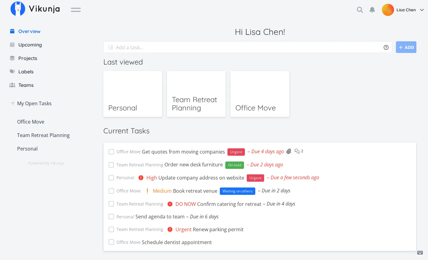 The "Overview" page of Vikunja with a light theme
