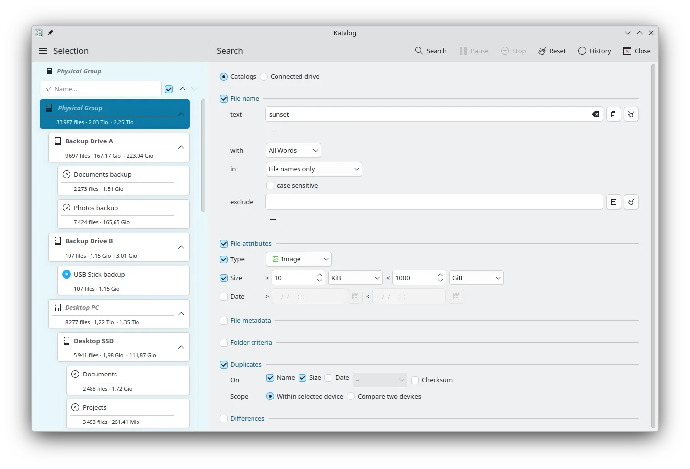 Main interface showing a Search operation