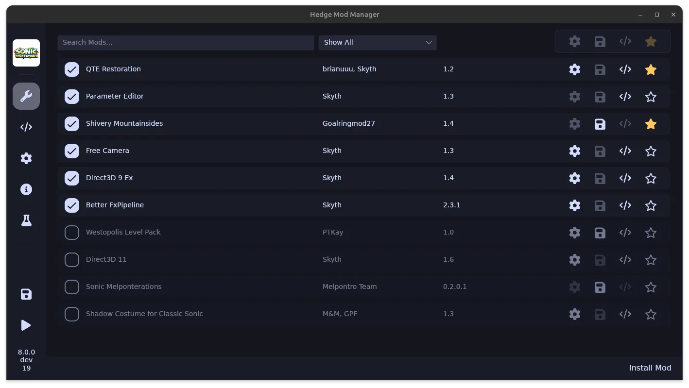 Mods tab showing the currently installed and enabled mods