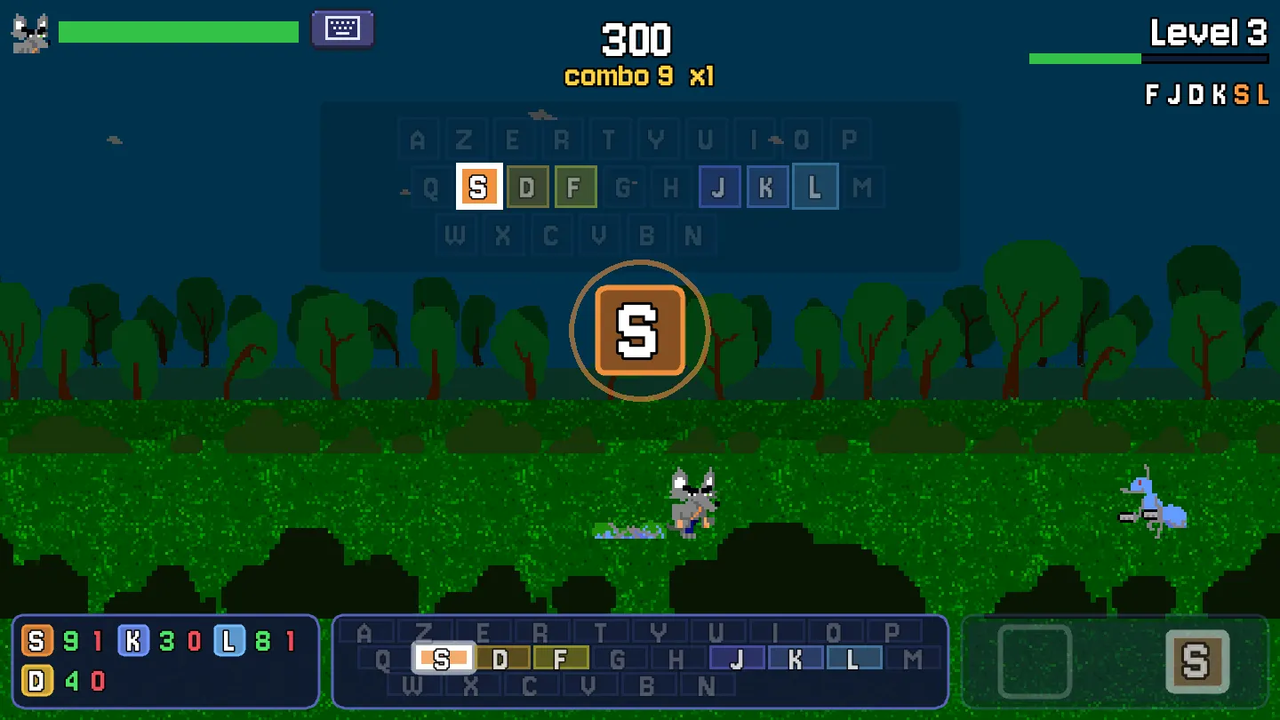 Training mode: type the key falling in the center to strike the enemies