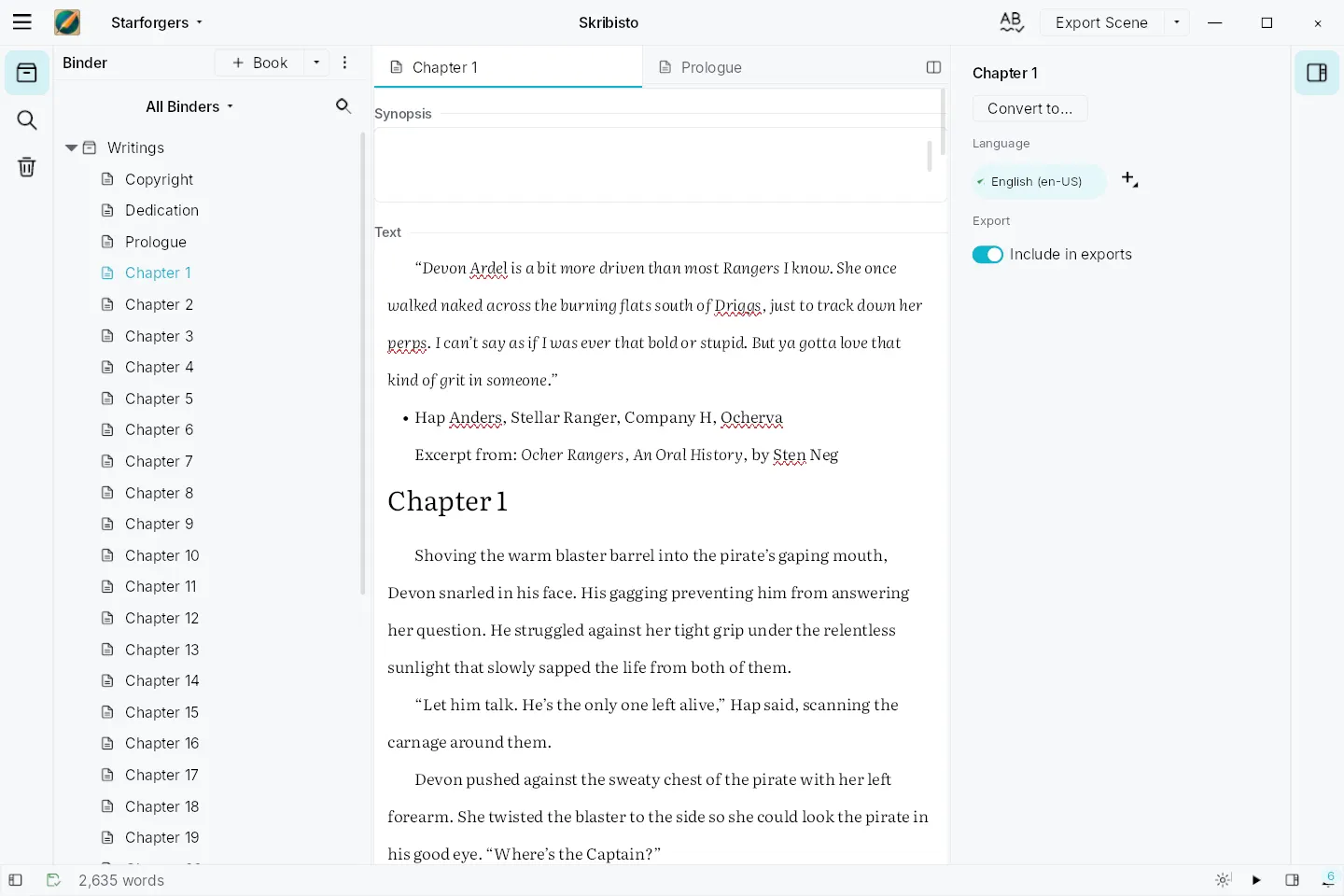 The binder and the editor, with prose and its synopsis side by side