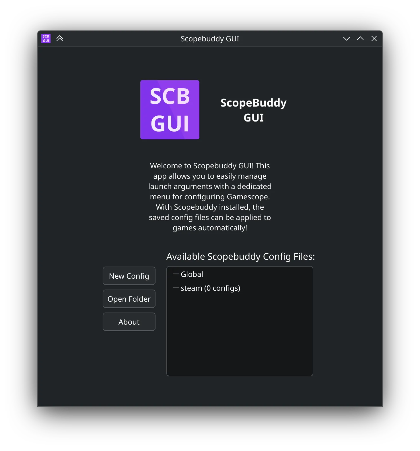 The Scopebuddy GUI welcome screen.