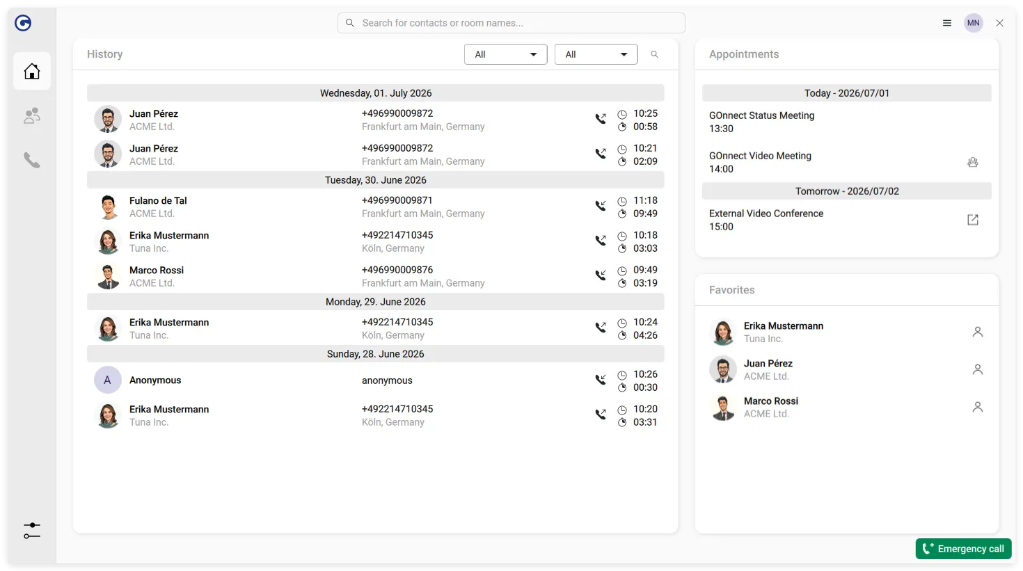 Main screen, history and favorites