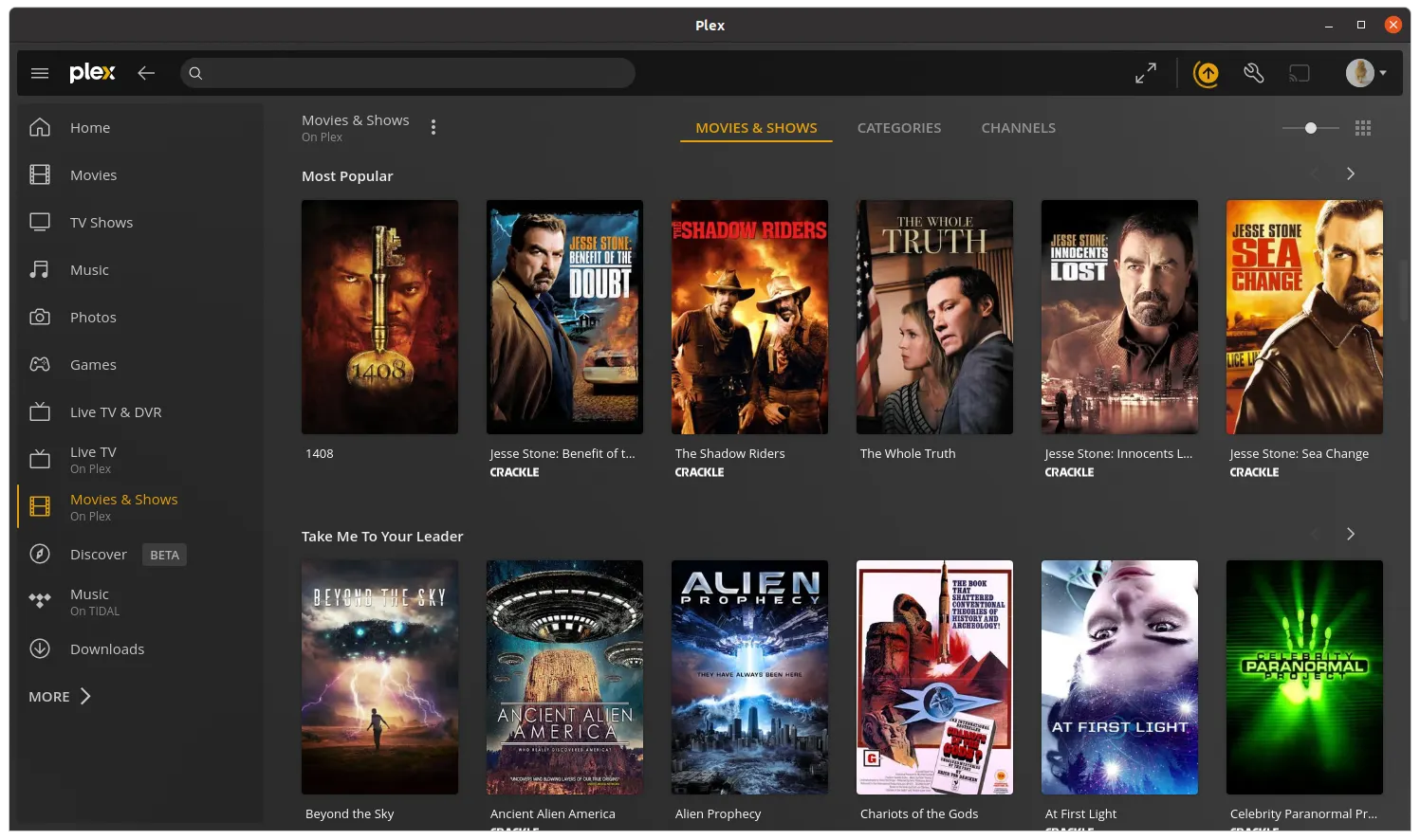 The main Plex window showing Movies and TV Shows