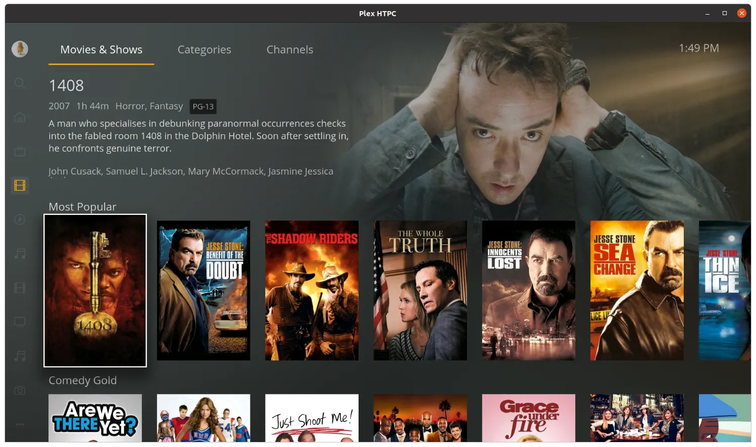 The main Plex HTPC window showing Movies and TV Shows