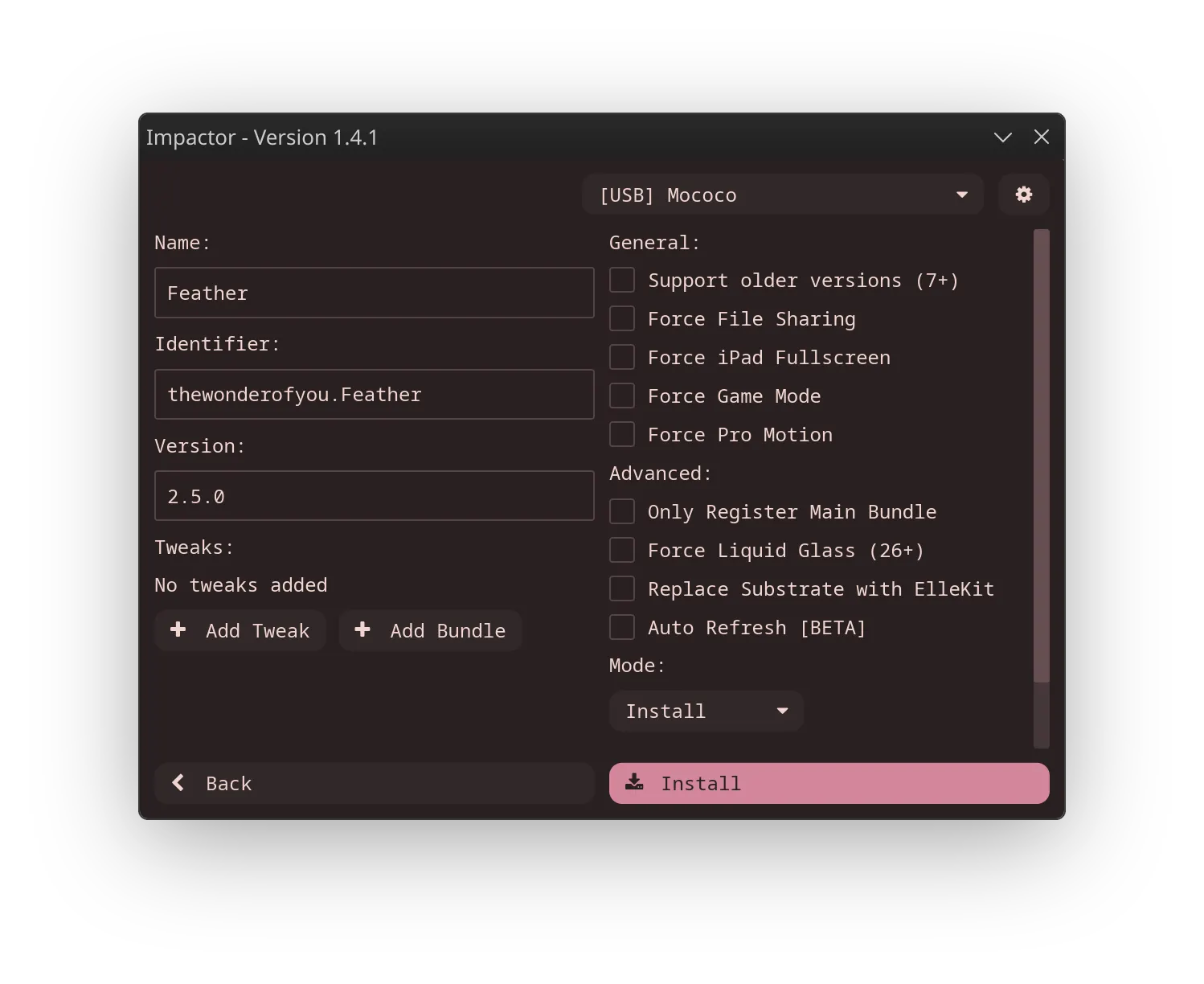 Screenshot of Impactor after importing an app.