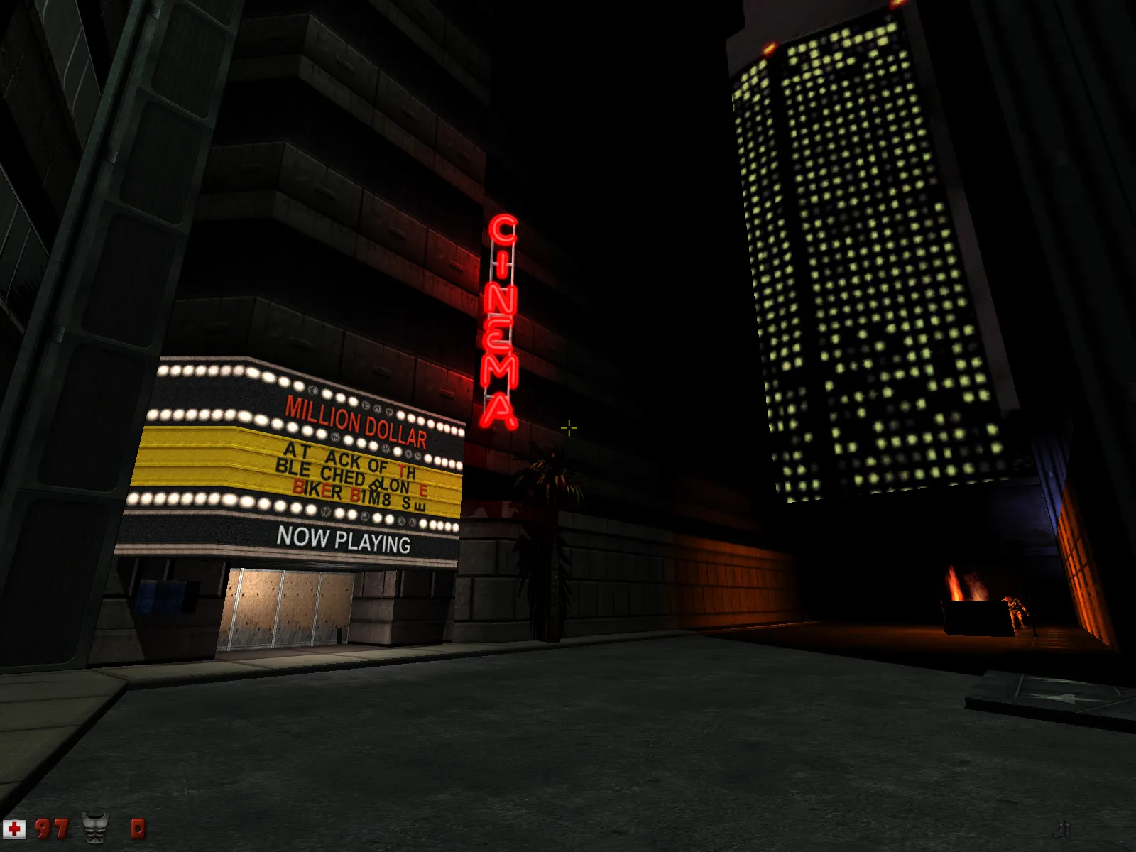 The outside of the cinema from Duke Nukem 3D E1L1 in EDuke32 rendered using the "polymer" renderer