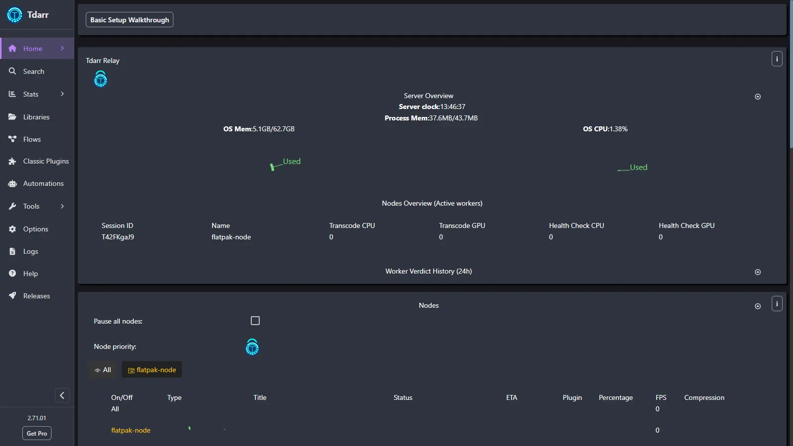 Tdarr Server web UI showing a connected Tdarr Node