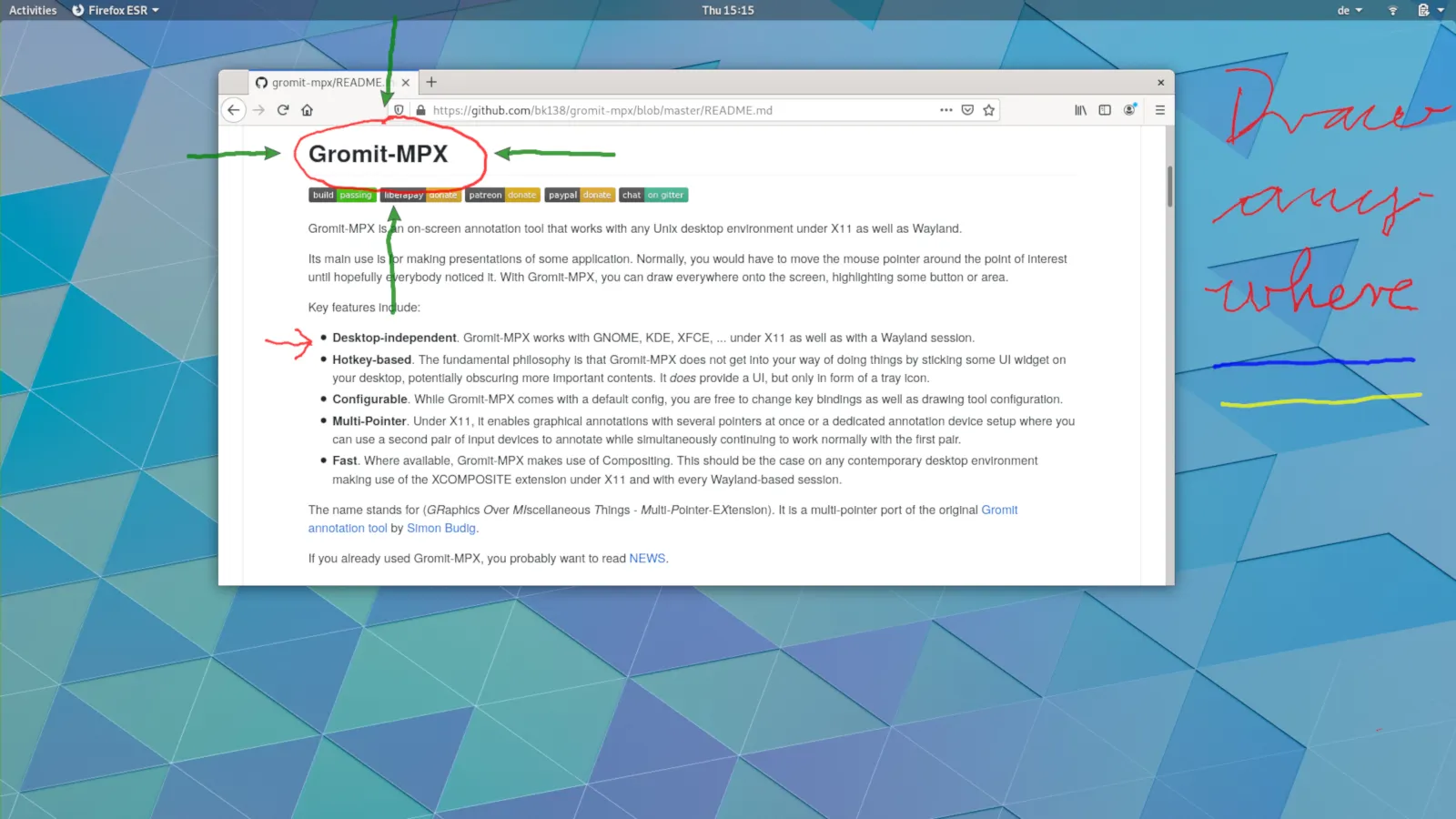 Gromit-MPX running on GNOME under Wayland