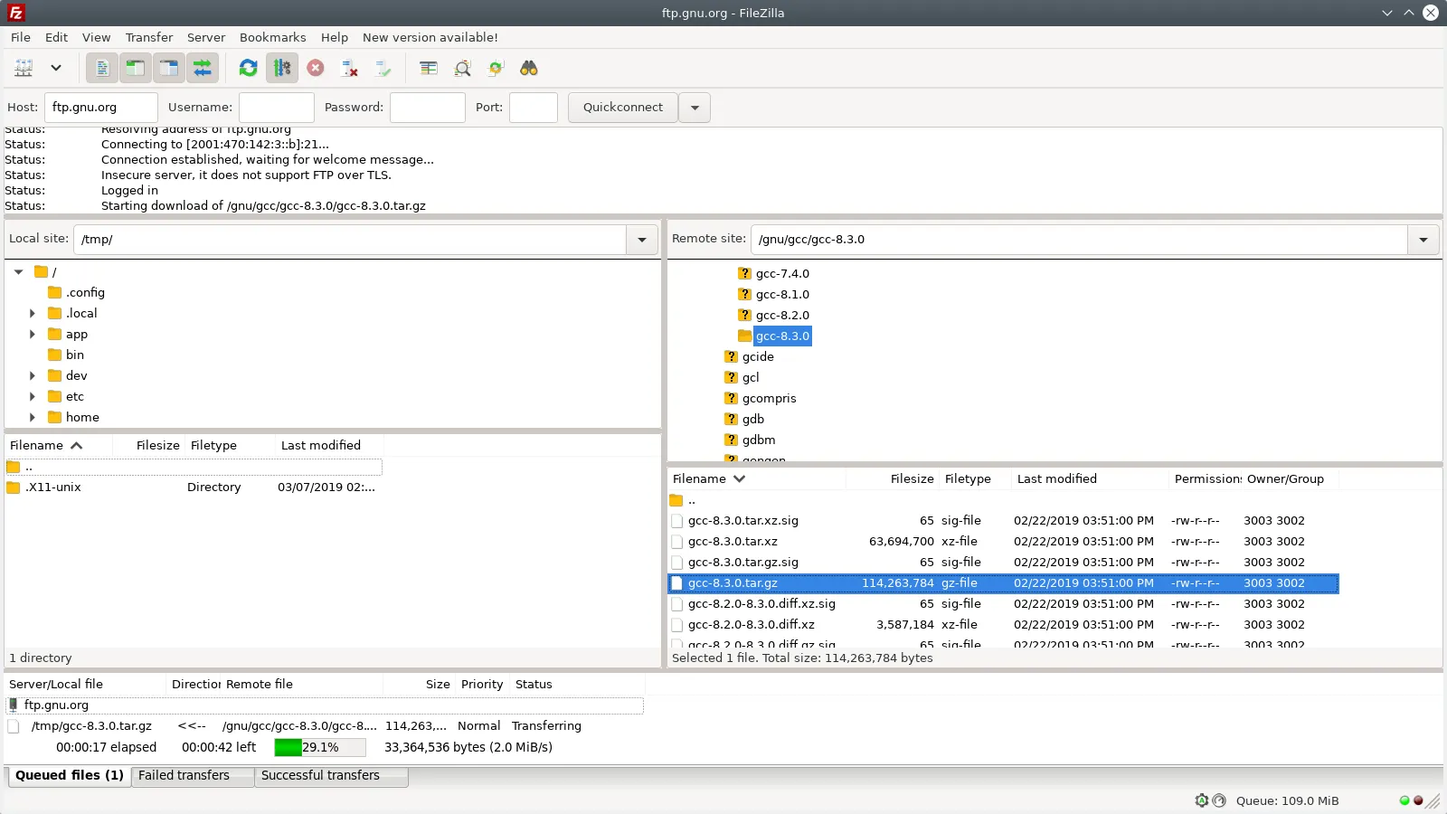 Main screen of FileZilla