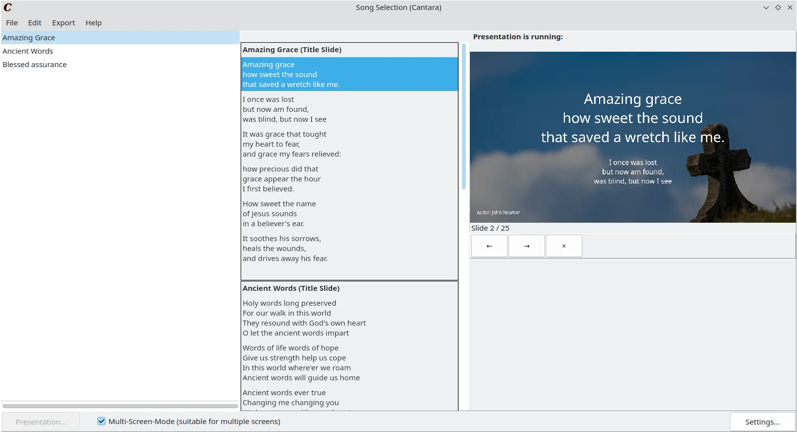 Cantara in Presentation Mode (Multiscreen)