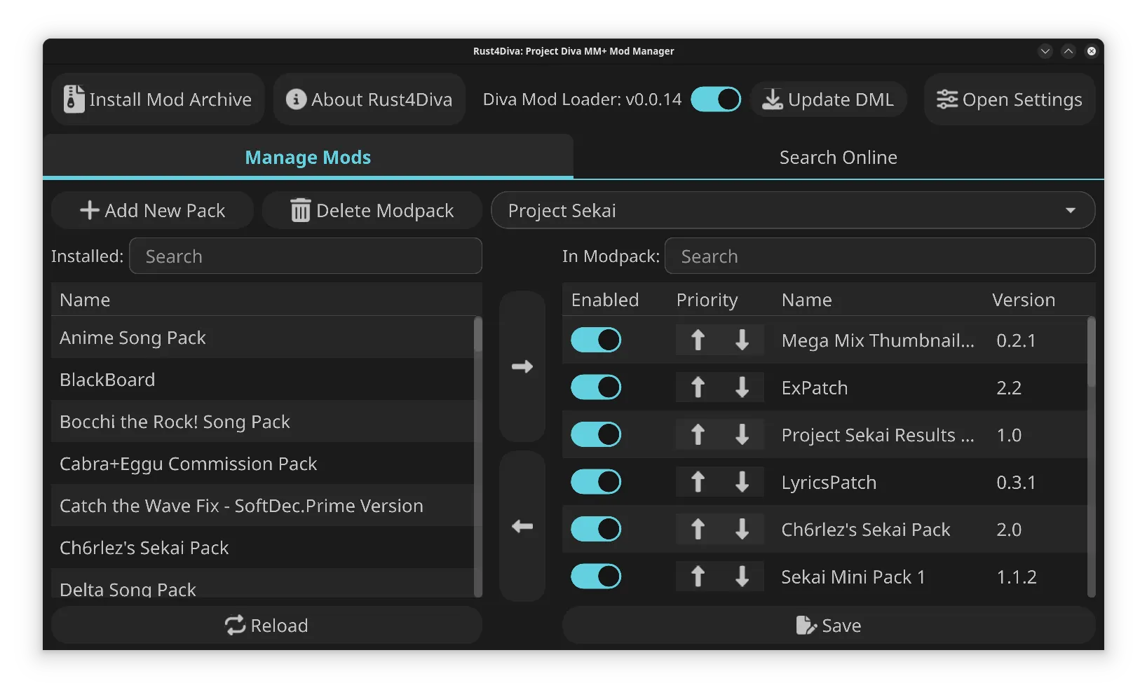 Main app window Mod priority screen - Dark Mode