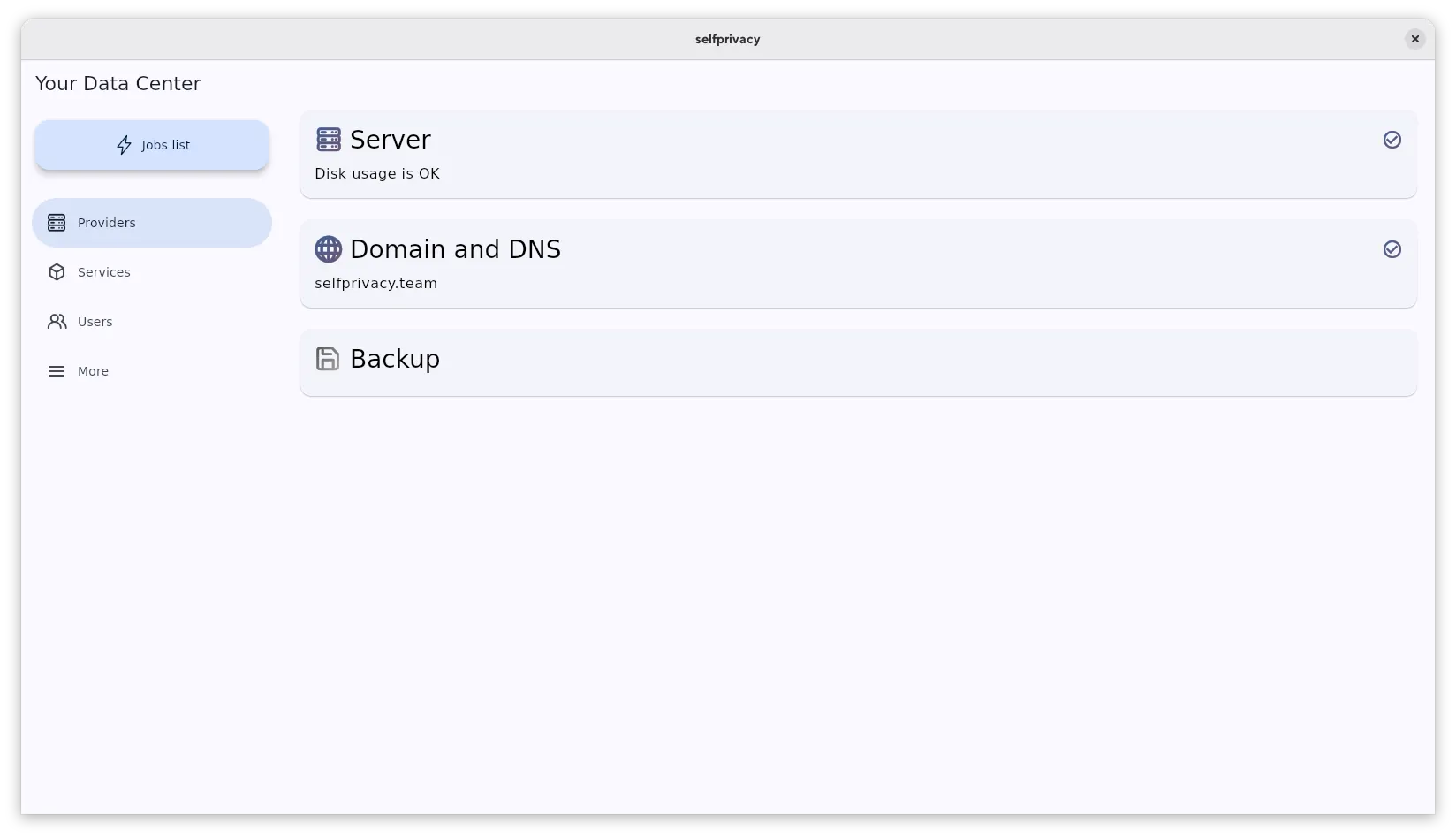 Home screen showing the jobs list, server, DNS, and backups configuration buttons