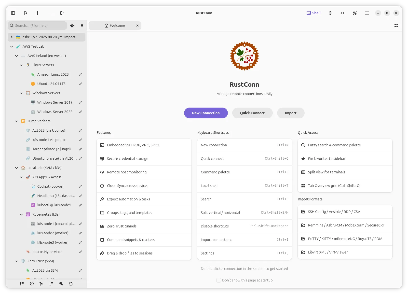 Welcome screen with quick actions