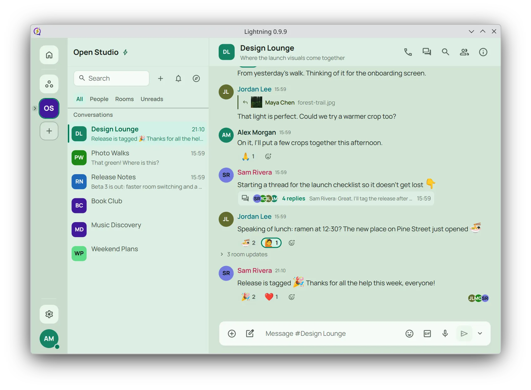 A room conversation with replies, reactions and a thread