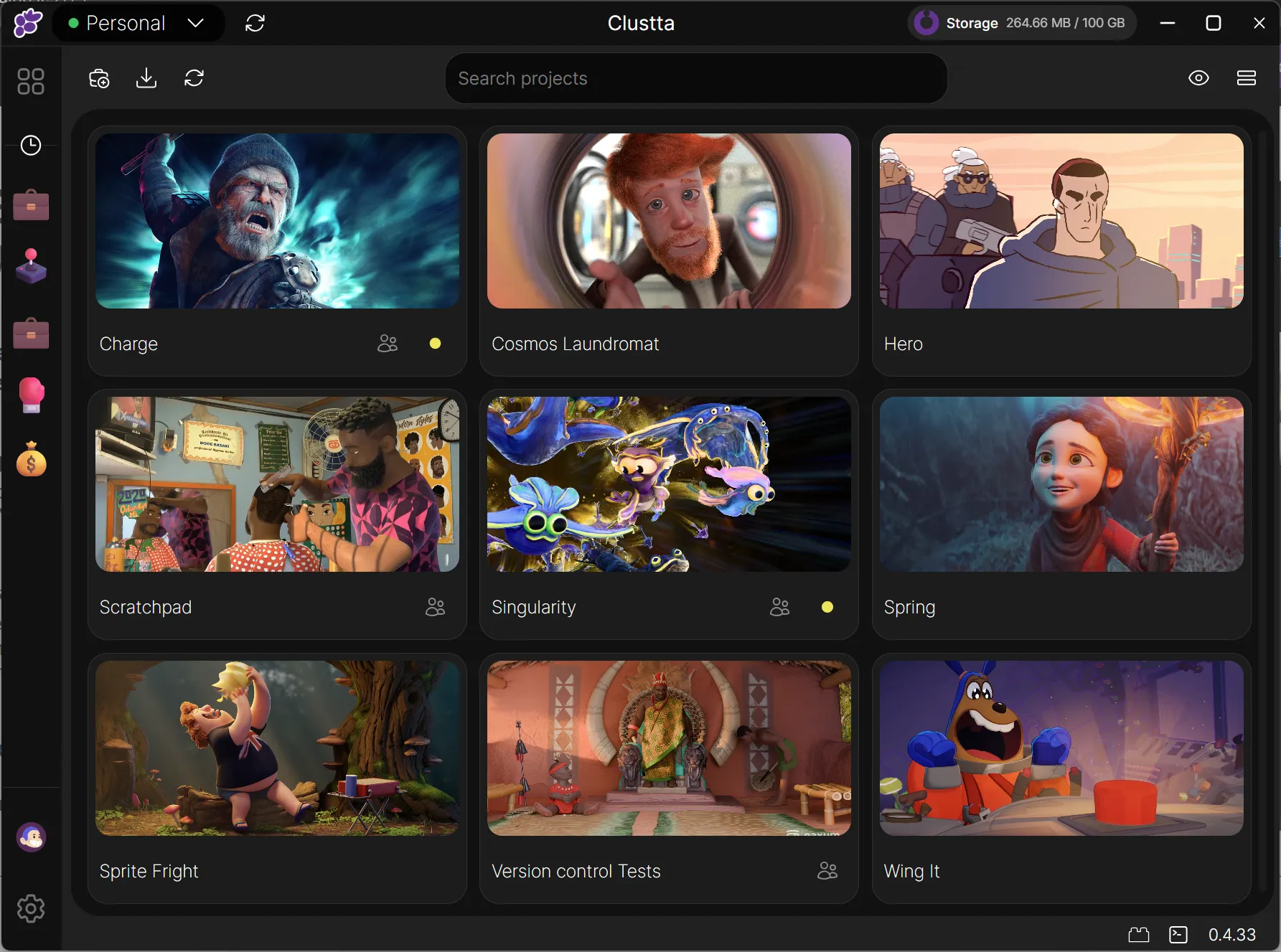 Clustta desktop client showing asset browser with collections and thumbnails