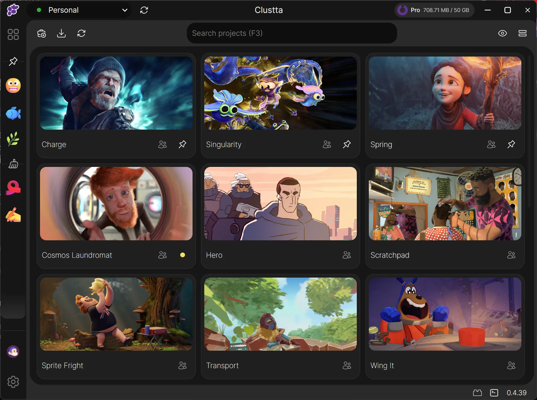 Clustta desktop client showing asset browser with collections and thumbnails