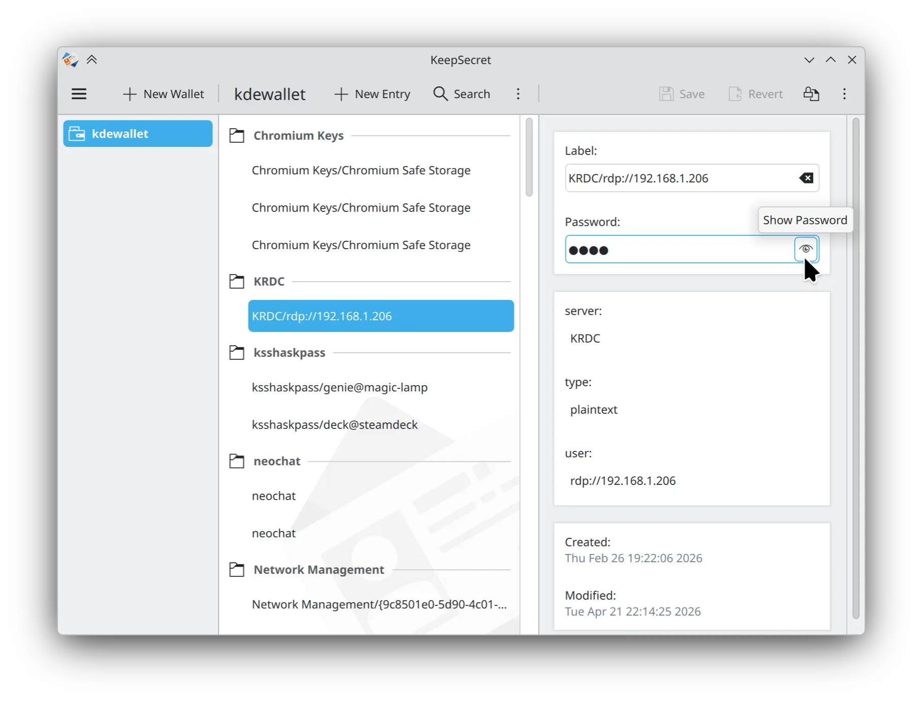 Password management in KeepSecret