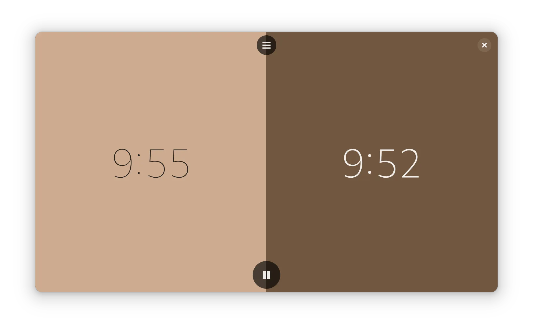 The main screen, showing timers for the white and black players of a chess game