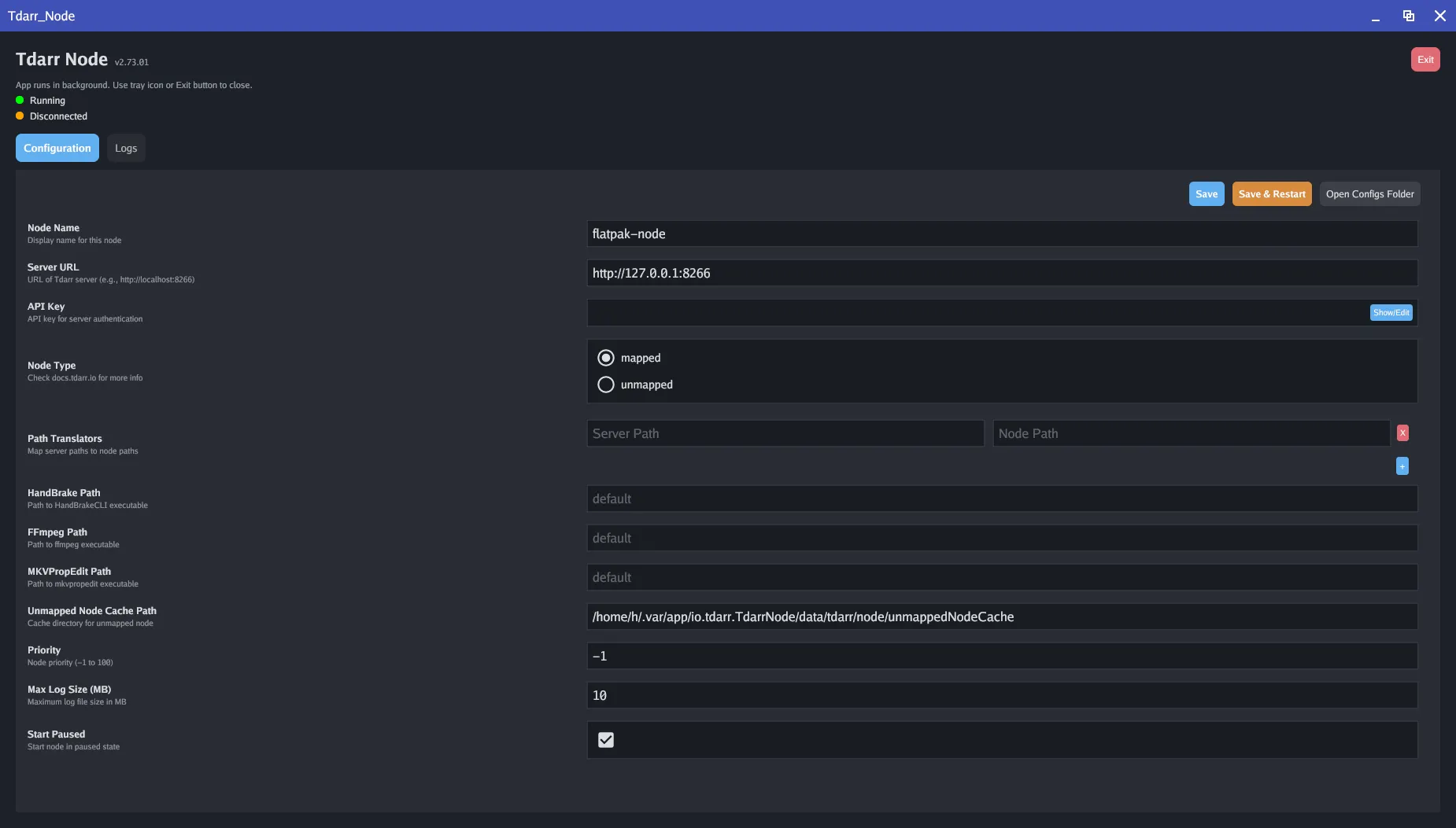 Tdarr Node Flatpak configuration window