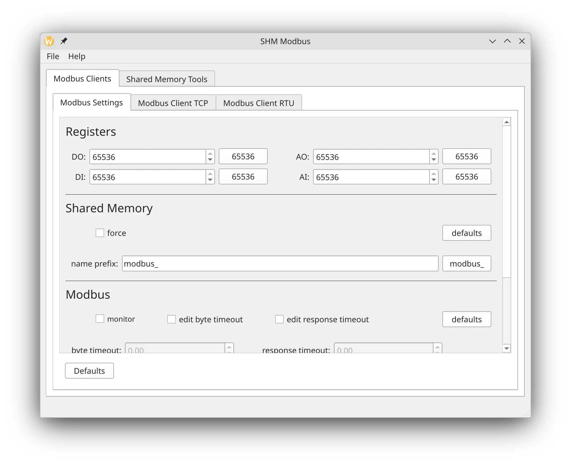 SHM Modbus GUI (Modbus Settings)