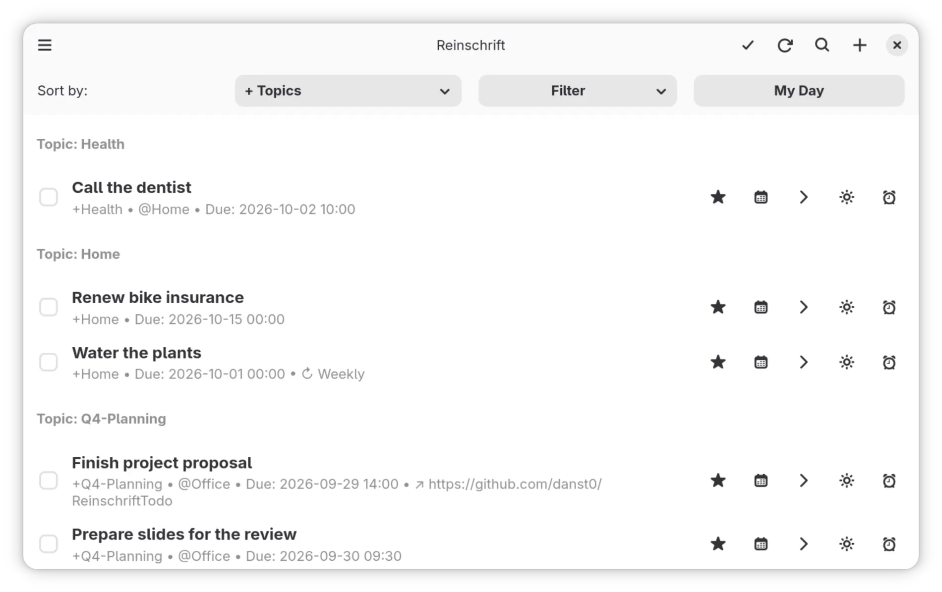 Tasks grouped by project, with contexts, due dates and quick add