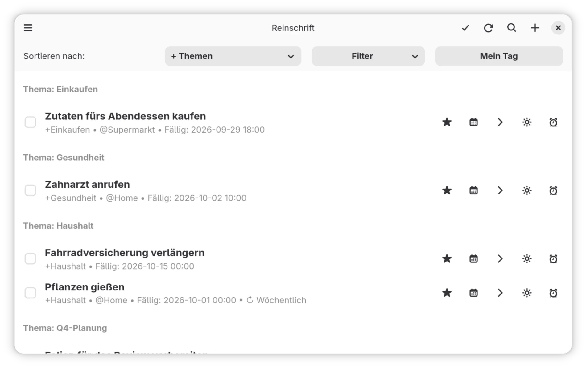 Aufgaben nach Projekt gruppiert, mit Kontexten, Fälligkeiten und Schnelleingabe