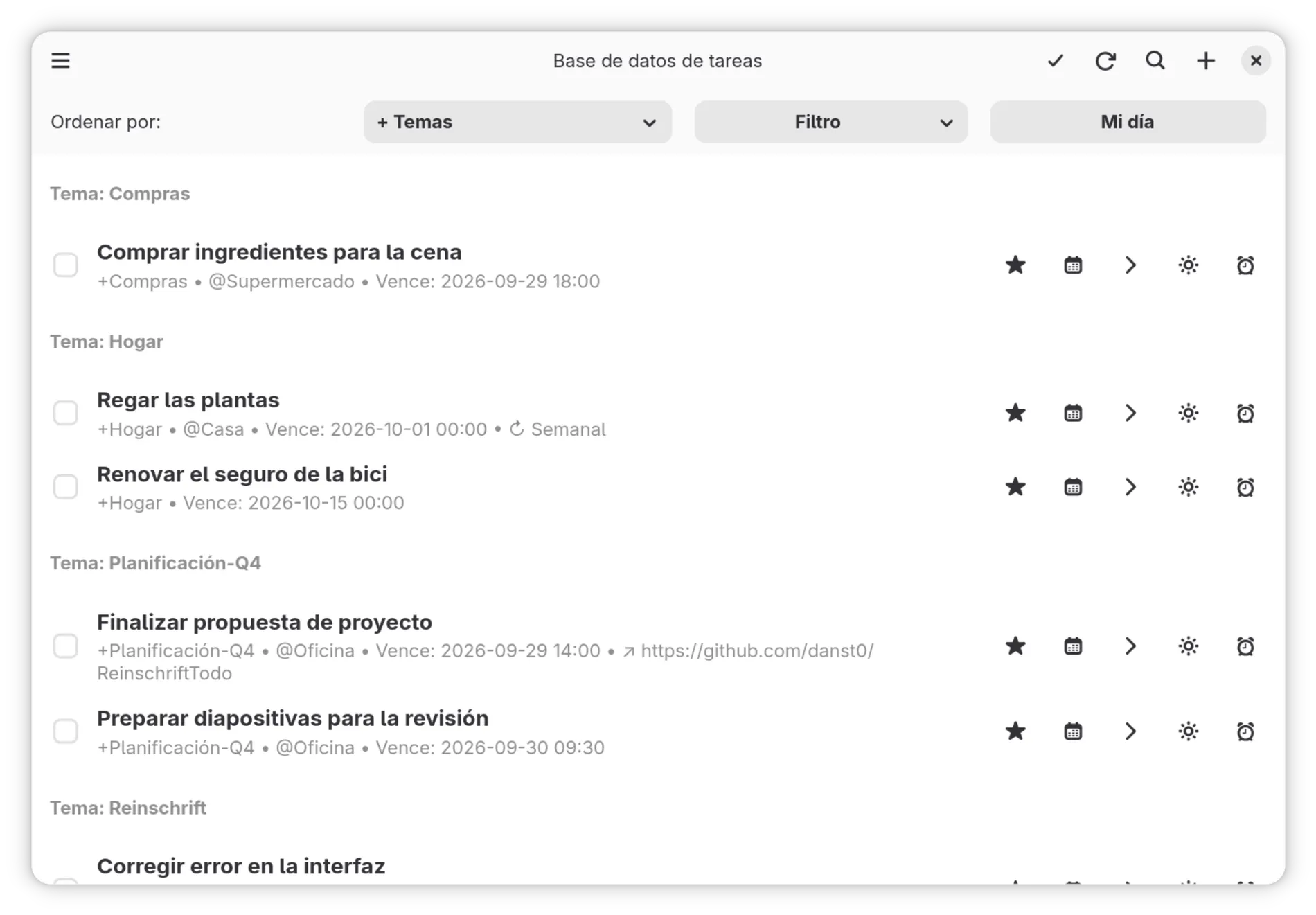 Tareas agrupadas por proyecto, con contextos, fechas de vencimiento y entrada rápida