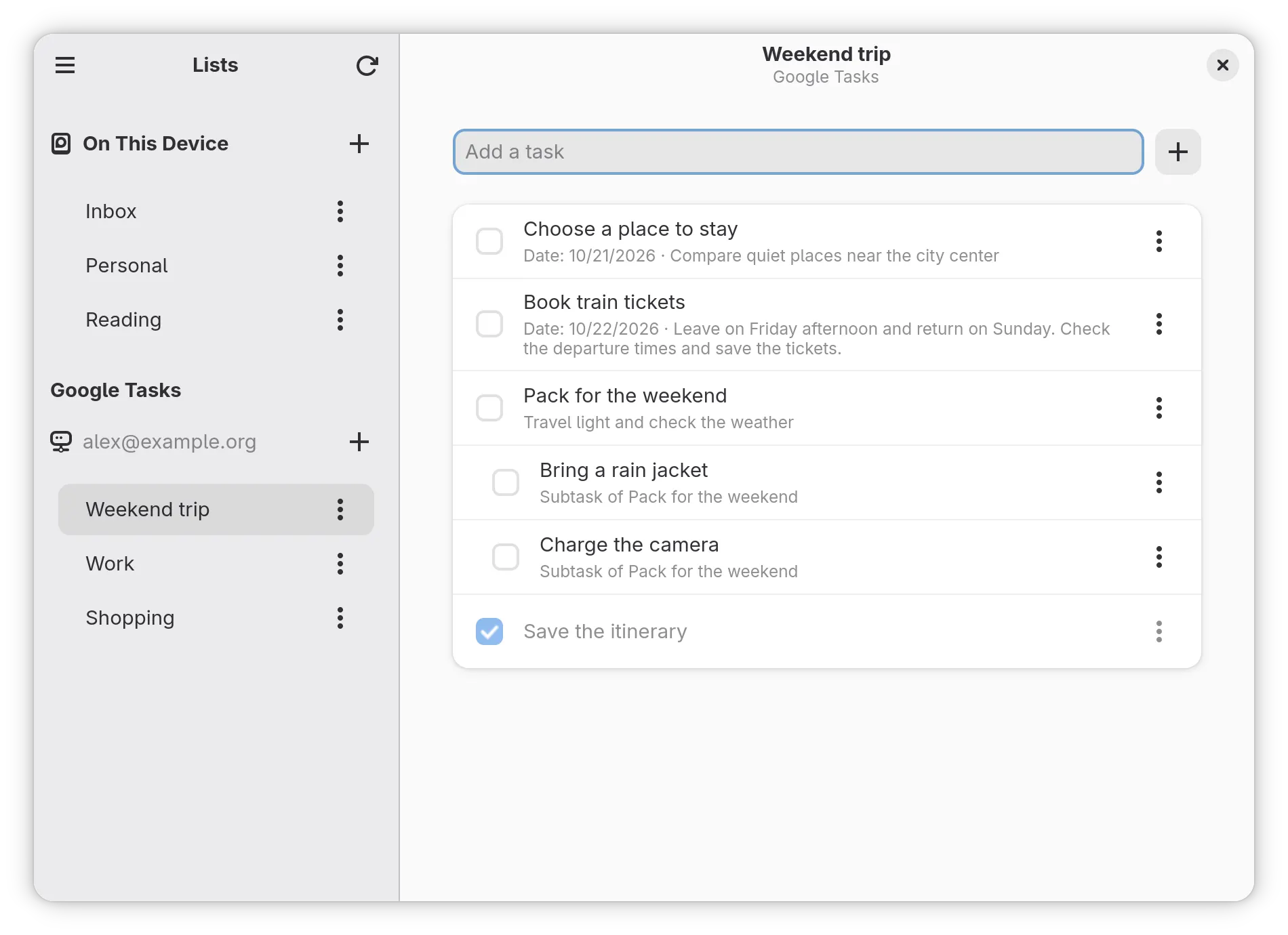 Organize local tasks and Google Tasks lists