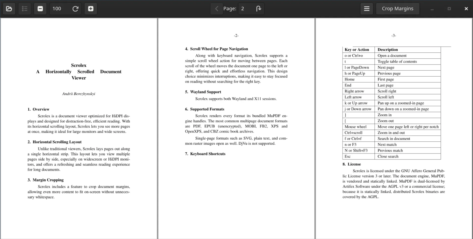 Pages sit side by side and scroll left to right
