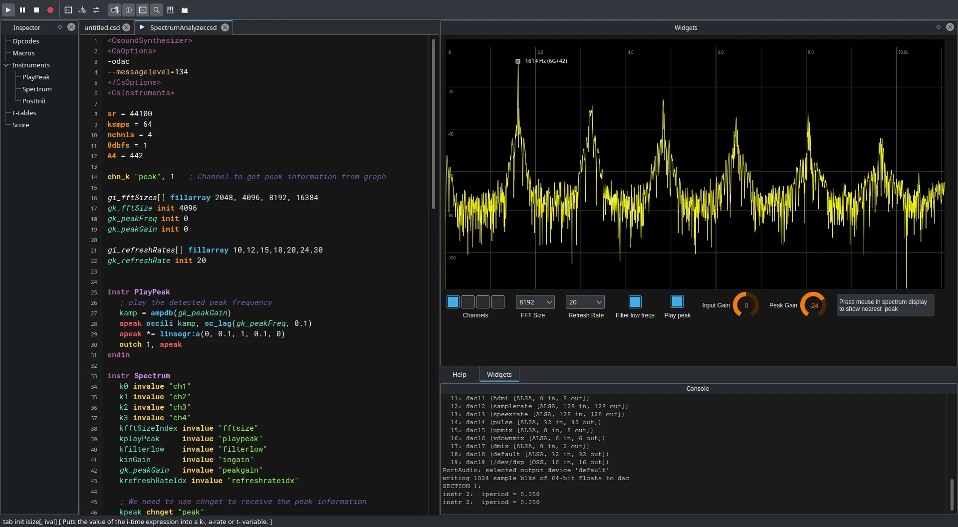 CsoundQt with the spectrum analyzer being shown