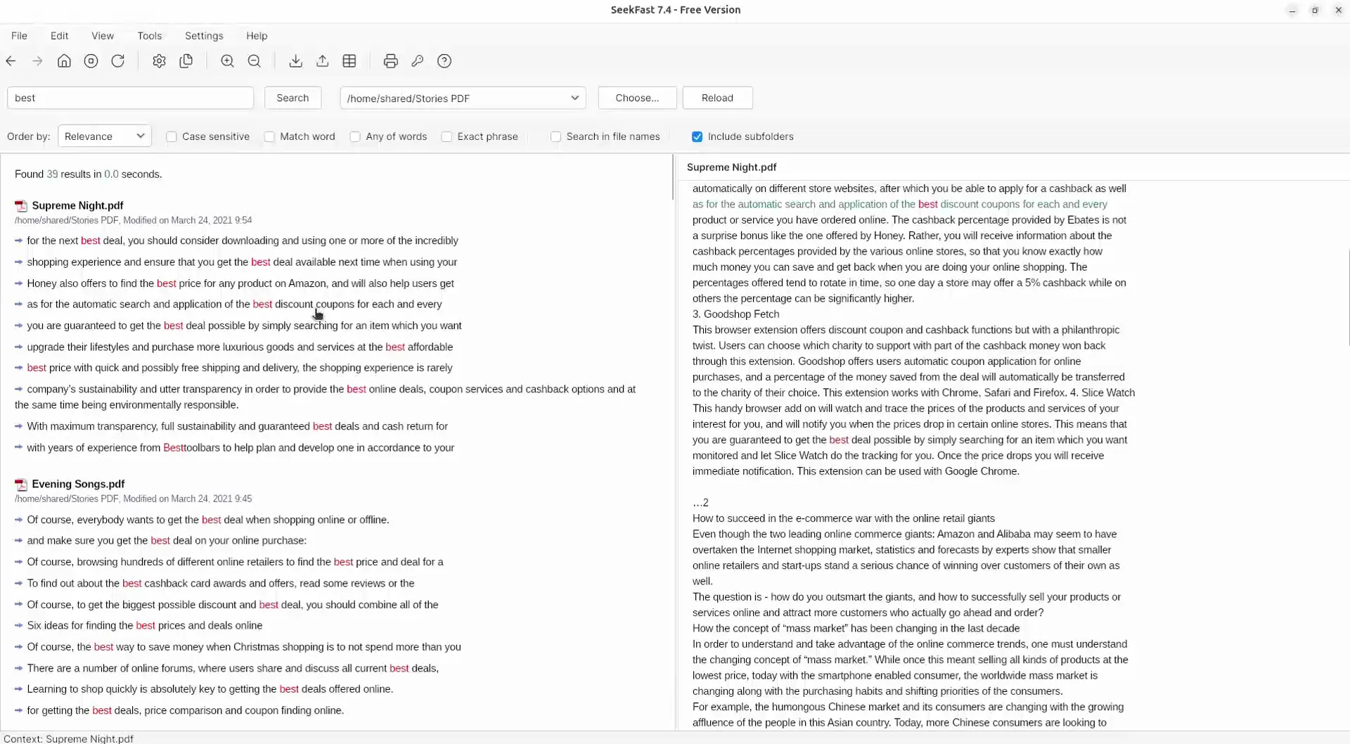 Search text in files and review results with document context