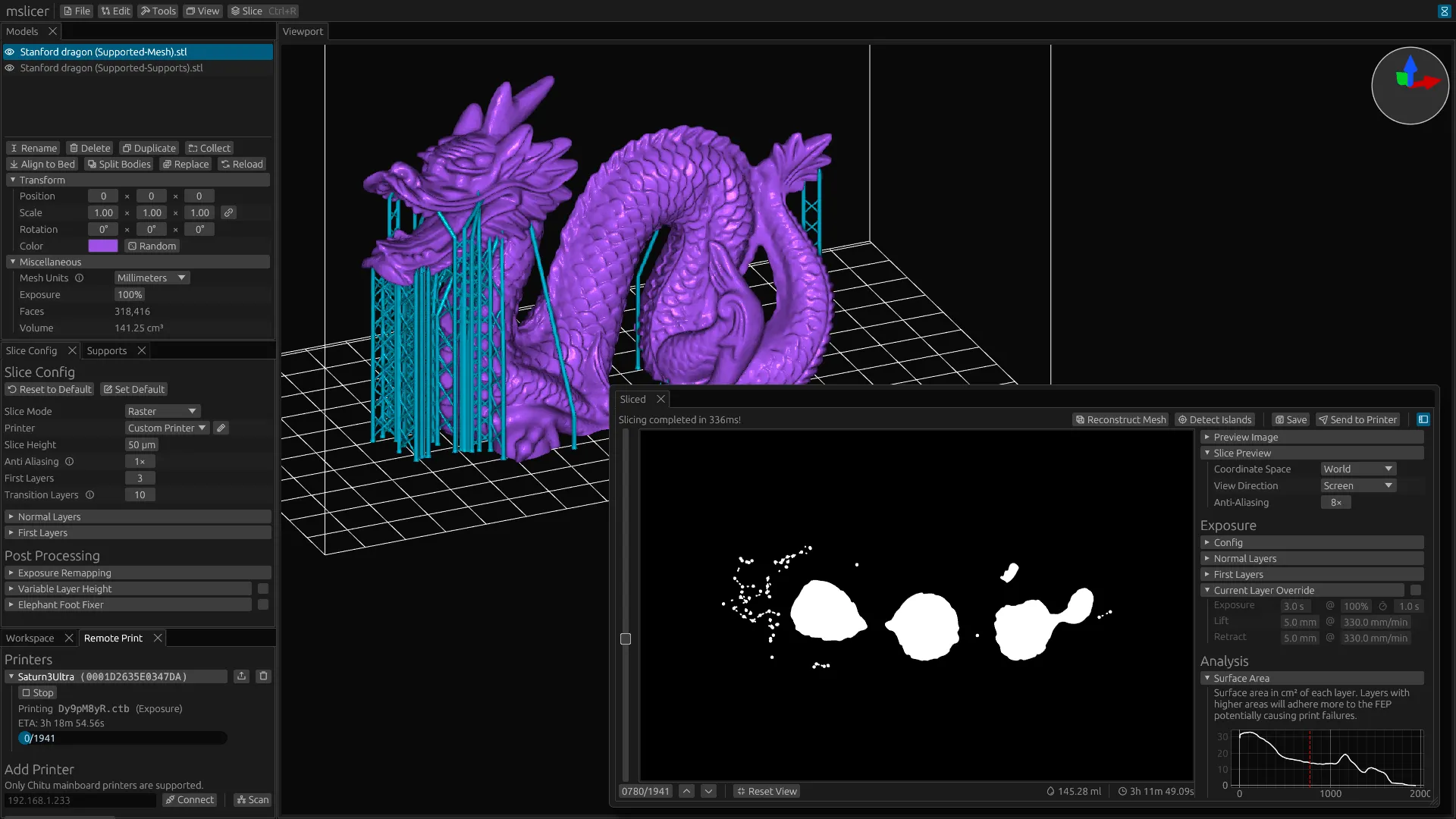 Slicing the stanford dragon with supports.