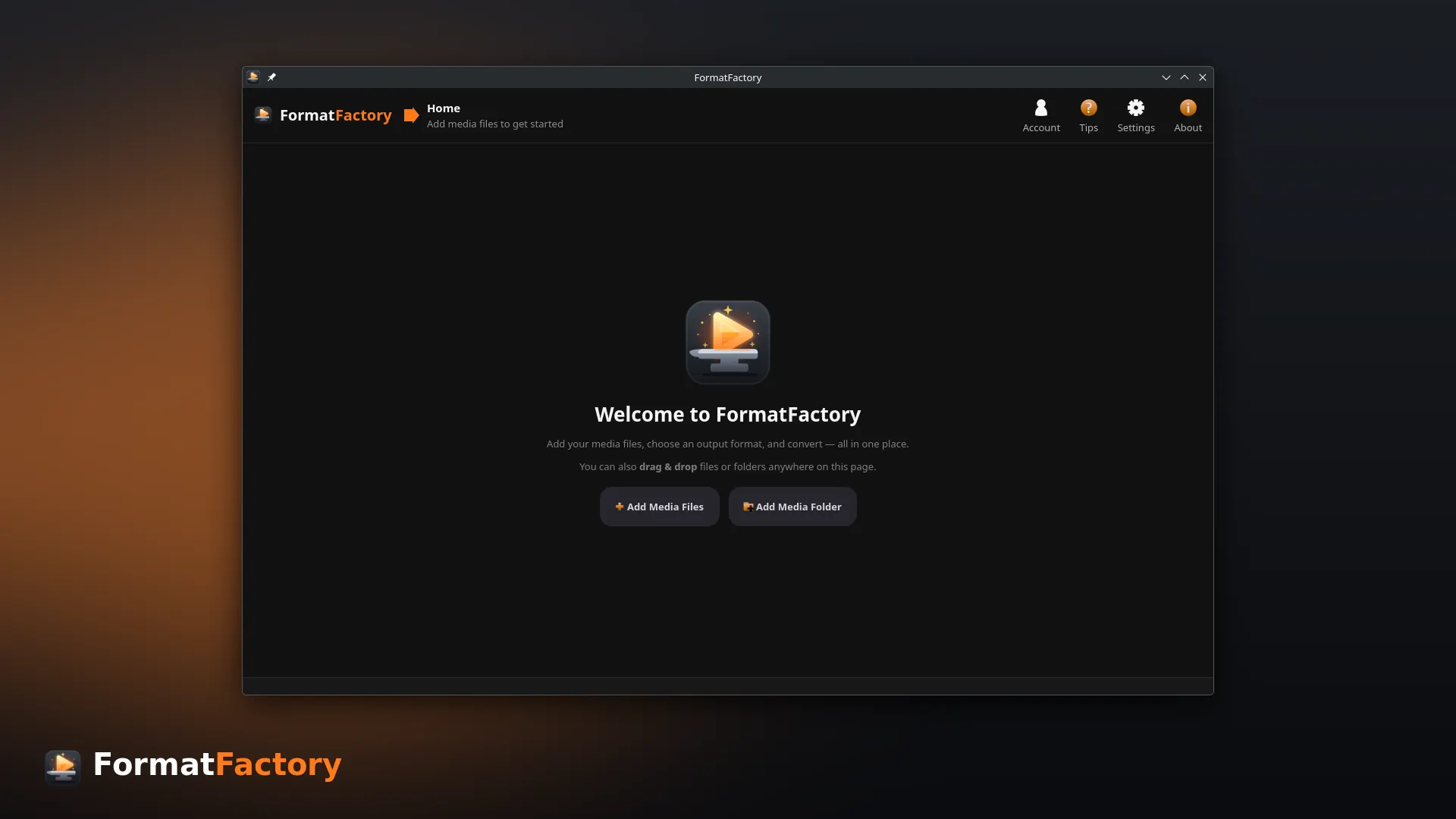 Welcome screen — add media with a button or by drag-and-drop