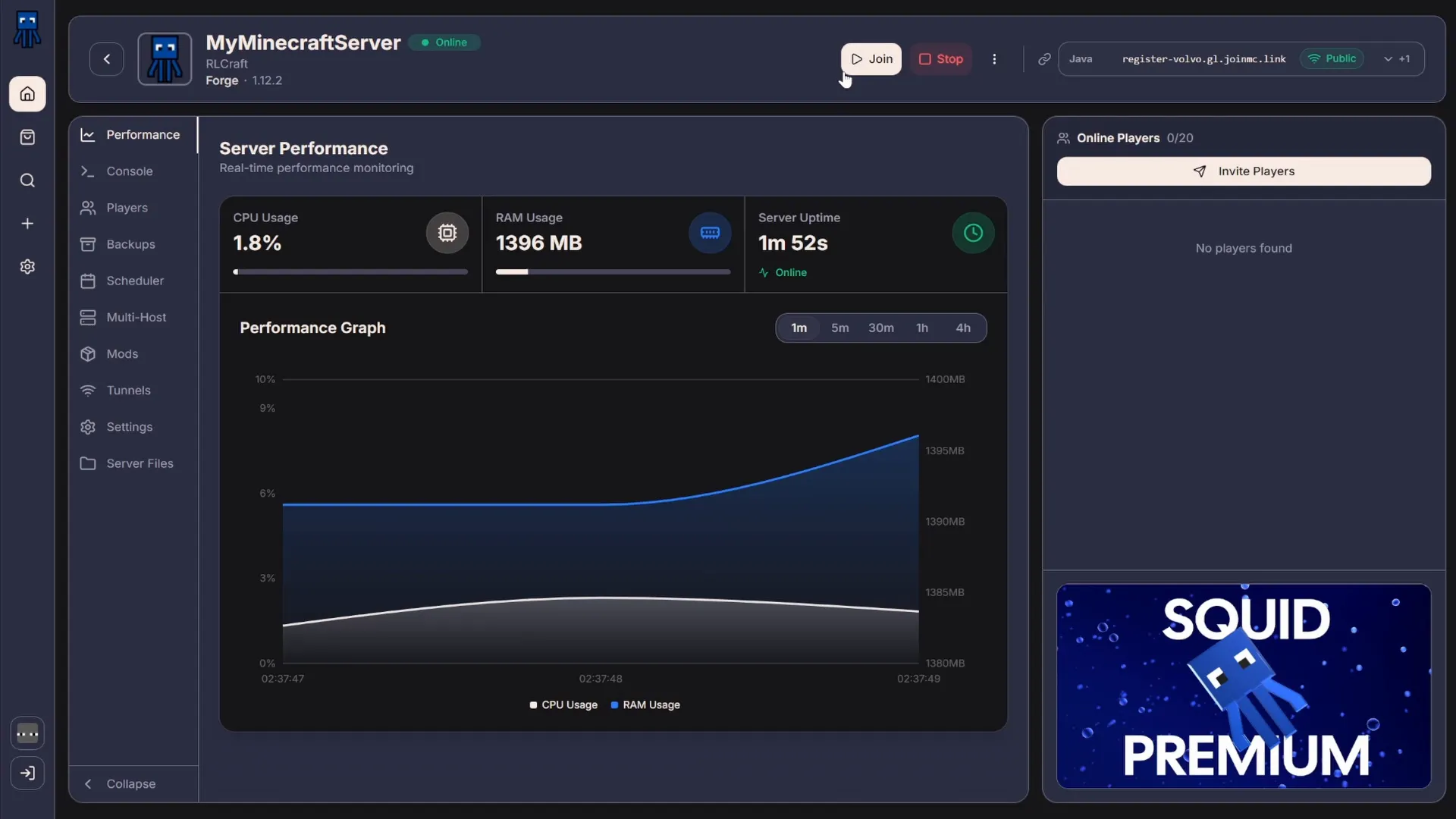 SquidServers server dashboard and performance monitoring